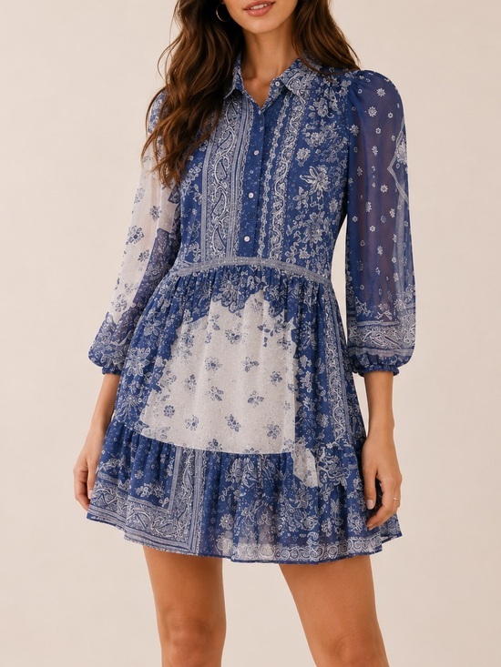 Naracamicie Dresses & Skirts - Naracamicie Blue Floral Long Sleeve Boho Ruffle Flowy Mini Dress